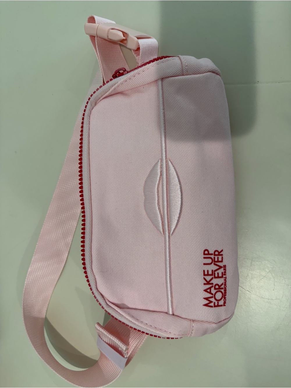 Makeup Forever Light Pink Crossbody Belt Bag with Red Logo